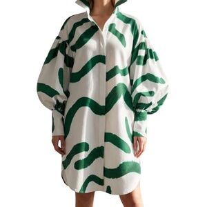 A354  Nancy Green Abstract Print Shirt Dress Pop Collar Fashion Forward NWT S